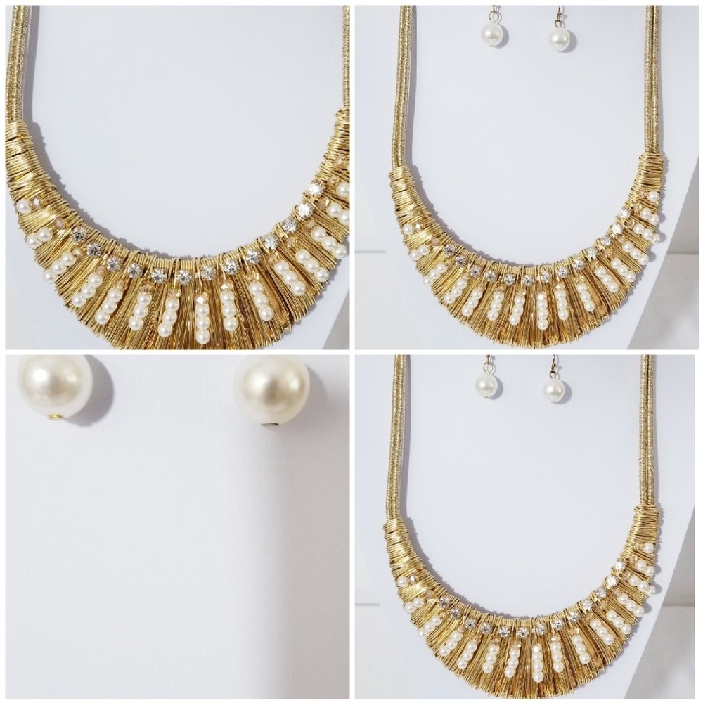 NWT Unique Gold Tone Pearl Rhinestone Necklace Set